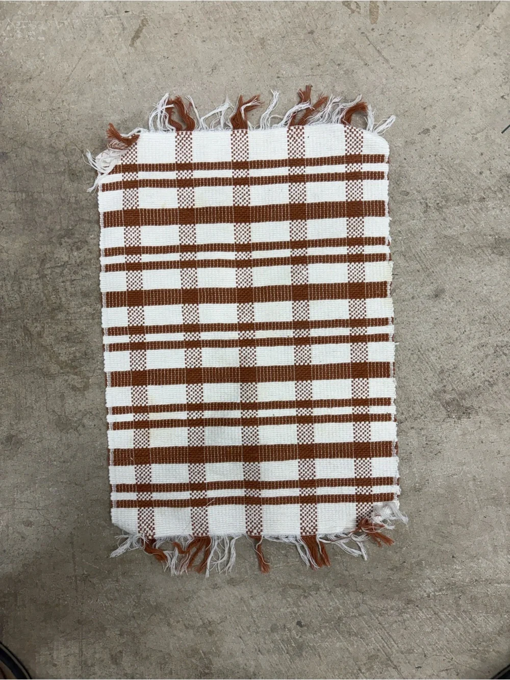 Brown and White Plaid Fabric Rectangular Placemat with Fringed Edges